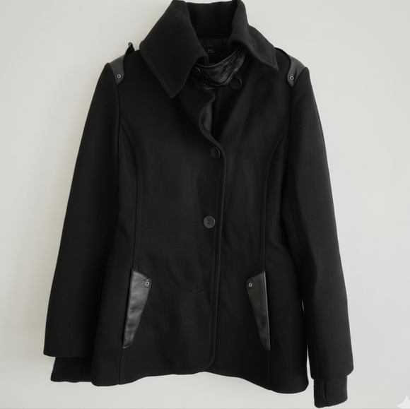 RUDSAK Jackets & Blazers - Rudsak Black Wool Coat/ peacoat/ jacket with Leeather Trim , Women Size M